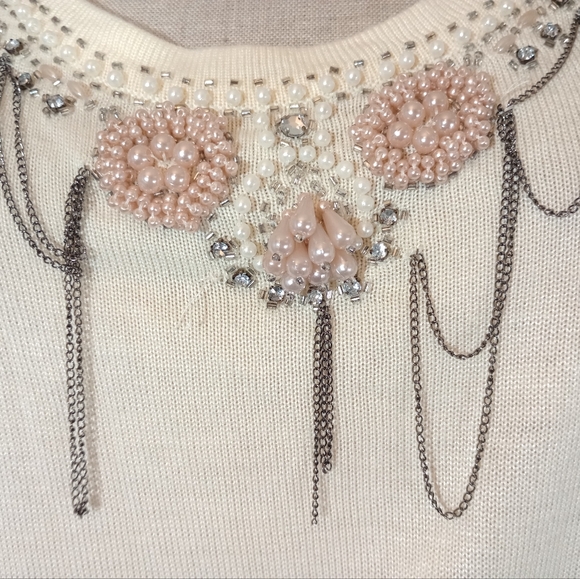 Vintage Short Sleeve Sweater, Women, Beadede Floral, Drop Chains, Ivory/Pink, S - Picture 2 of 7